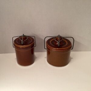 Vintage Stoneware Cheese Crocks Set of 2. Dark Brown Storage Jars